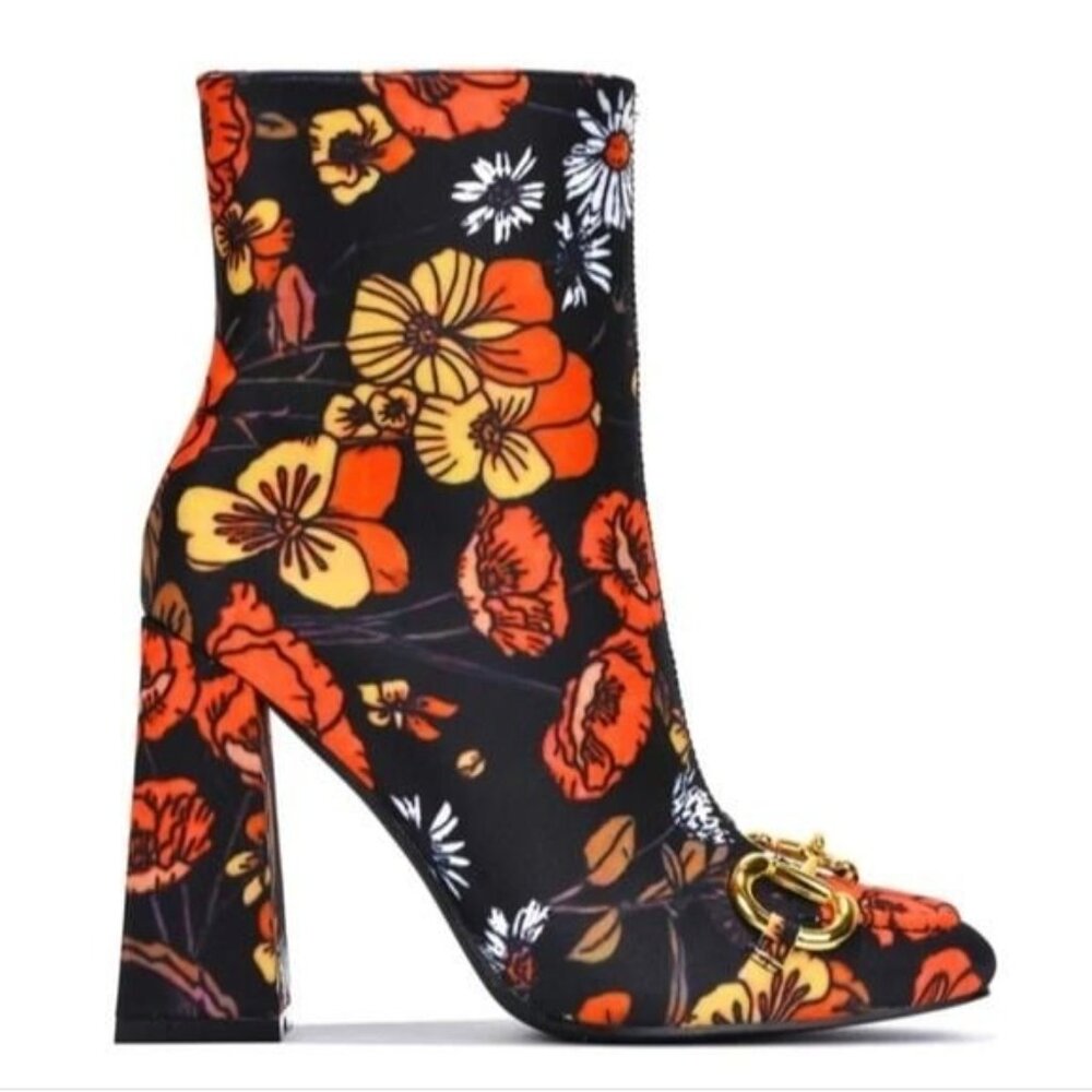Women Flower Print Square Toe Chain Bit Buckle Block Heel Bootie - Picture 2 of 4